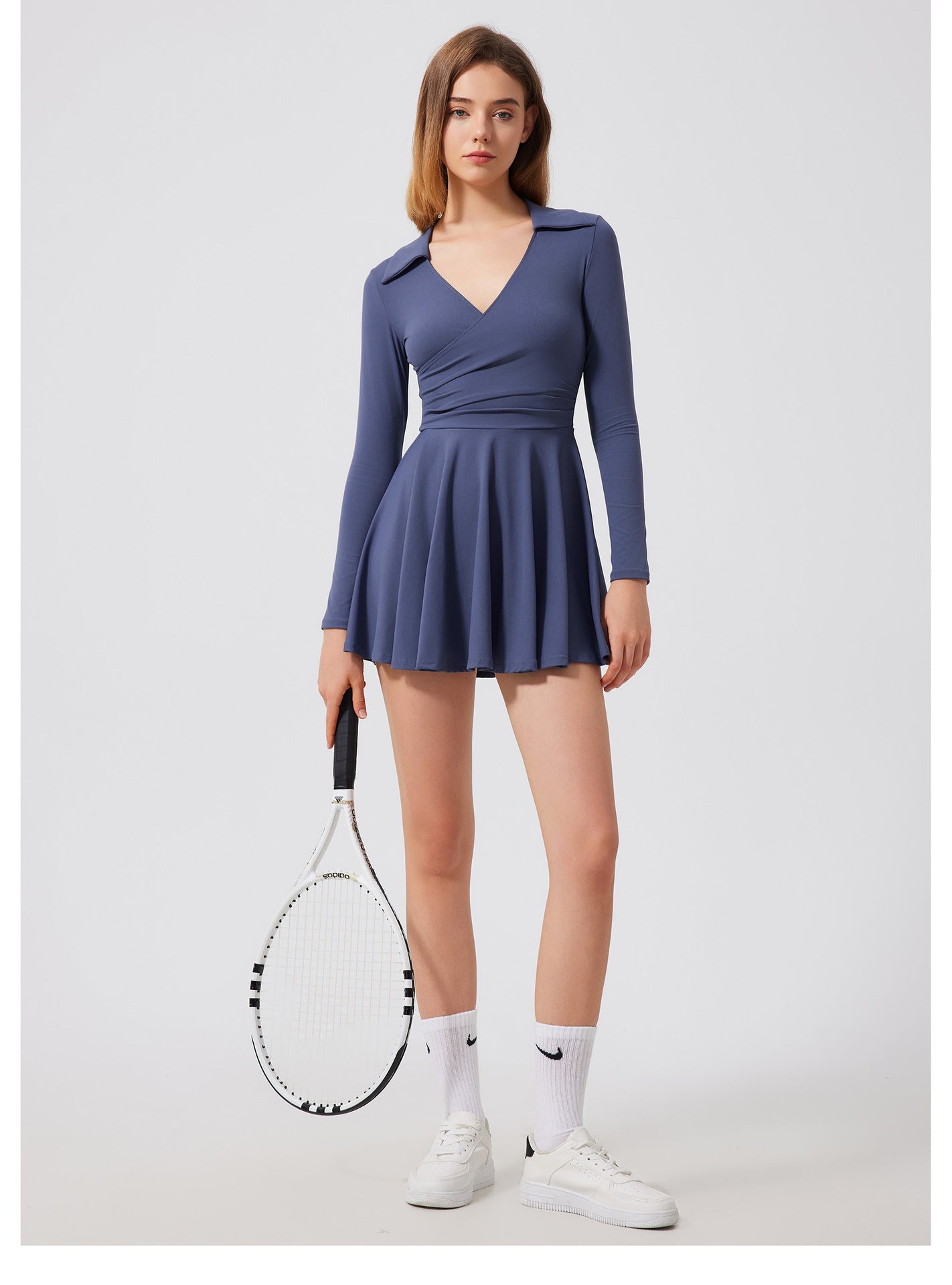 Women’s Long Sleeve Tennis Dress with Built-in Shorts – 2-Piece Activewear Set