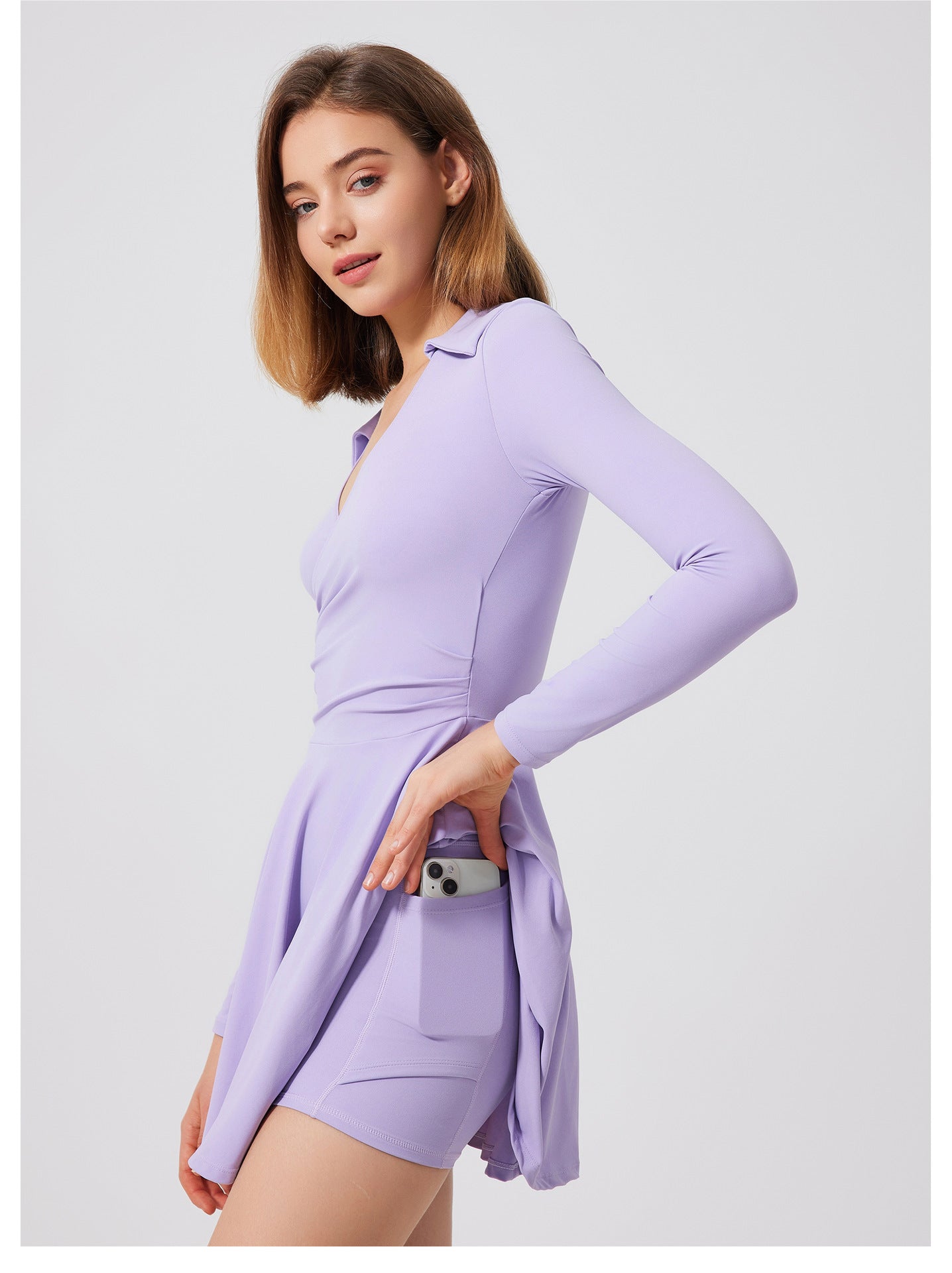 Women’s Long Sleeve Tennis Dress with Built-in Shorts – 2-Piece Activewear Set