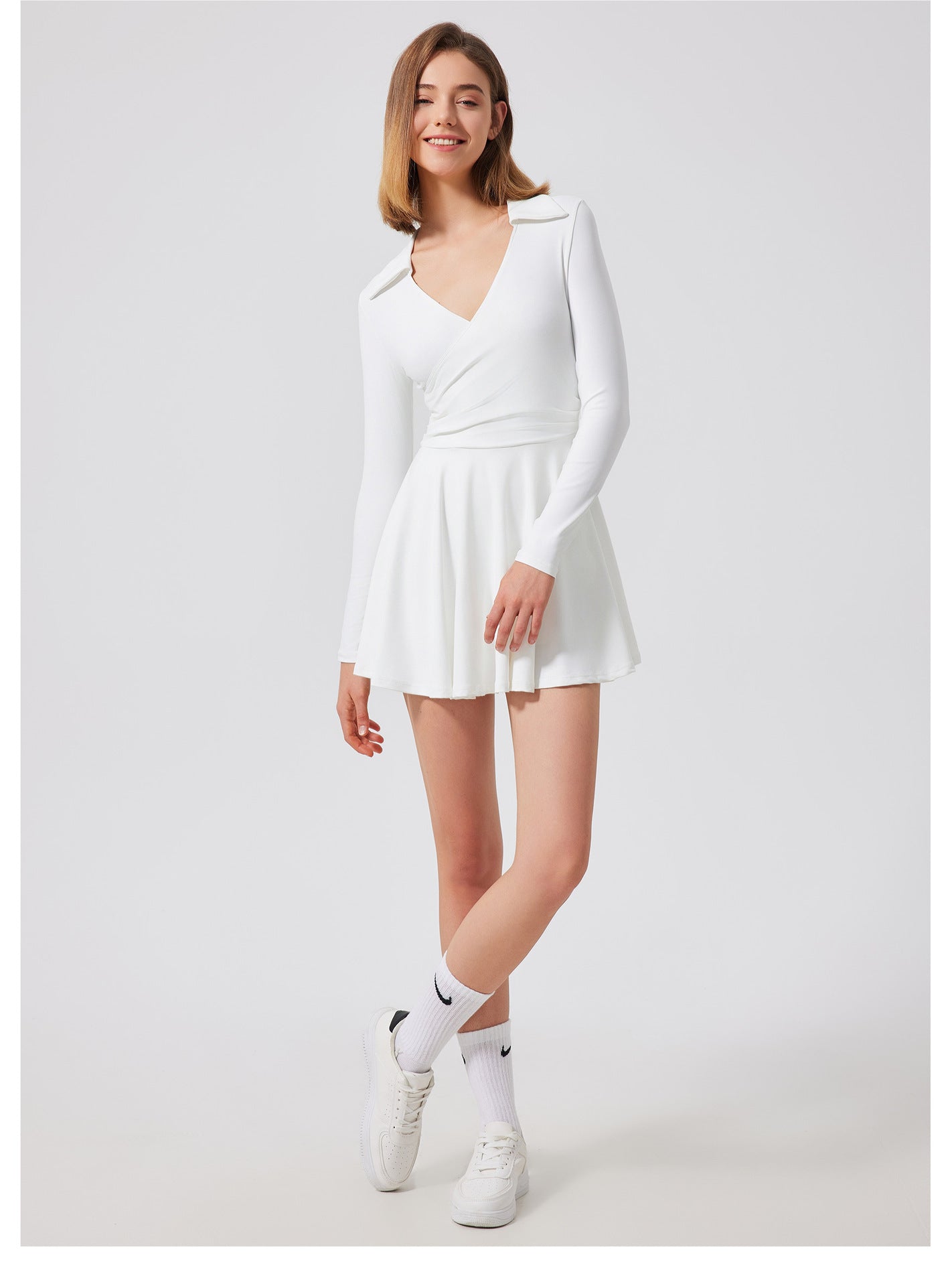 Women’s Long Sleeve Tennis Dress with Built-in Shorts – 2-Piece Activewear Set